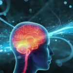 "Ilustração de conexões neurais formando padrões em um cérebro humano, representando neuroplasticidade e pensamento intencional"